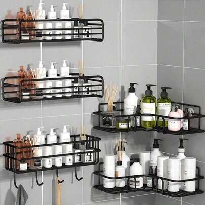 1 件铁制浴室收纳架，黑色无孔壁挂式收纳架，浴室架子收纳架，厨房收纳用具，房间装饰品，可用于存放清洁刷、清洁布、清洁剂等，适用于厨房、餐厅、派对、聚会、送给朋友的礼物、家人的礼物、圣诞装饰礼物。