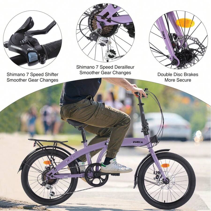 20" Folding Bike Steel Frame 7 Speed City Bike - Purple - View 1