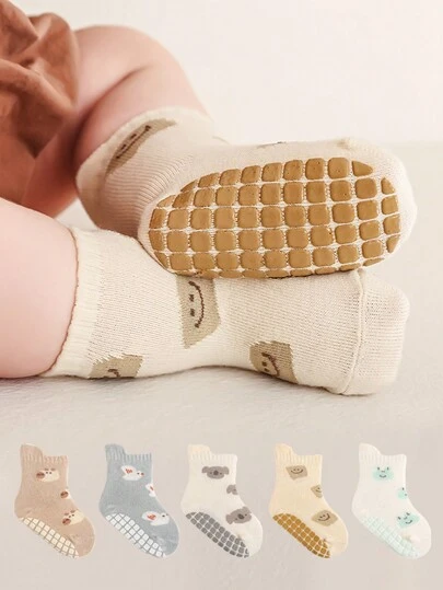 5 Pairs Cartoon Animal Anti-Slip Middle Tube Socks For Baby Boys And Girls, Suitable For Indoor, Outdoor And Daily Wear In Autumn And Winter
