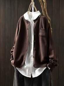 Plus Size Solid Color Front Button Pocket Casual Crew Neck Long Sleeve Cardigan - Coffee Brown - View 2