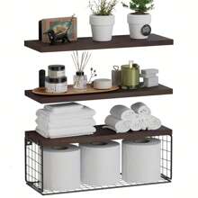 1set Rustic Solid Pine Wood Floating Shelf Set With Toilet Paper Basket, Wall Mounted Bathroom Organizer