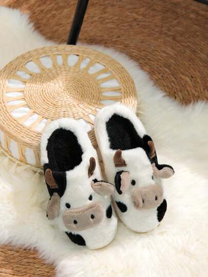 Cartoon Animal Plush Slippers, Warm And Non-Slip, Fashionable Comfort Cow Pattern