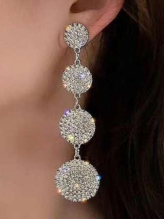 1 Pair Luxury Rhinestone Encrusted Round Long Earrings, Minimalist Korean Style Jewelry
