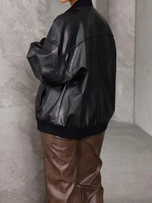 TSUTAYA Oversized Drop Shoulder Zip Up PU Leather Bomber Jacket - Black - View 2