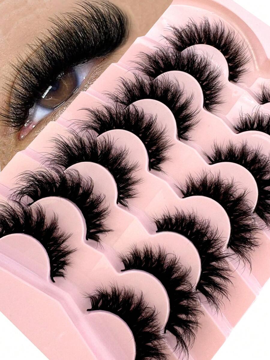 全新 7 对俄罗斯卷经典猫眼人造貂皮假睫毛，自然 DD 卷曲蓬松仿睫毛，交叉纤细戏剧性卷翘仿貂皮睫毛延长，打造自然外观条状睫毛，睫毛，睫毛，假睫毛 - 黑色 - 查看 1