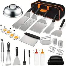33-Piece Ultimate Griddle Accessories Kit - Premium Flat Top Grill Tools Set With Spatulas, Scraper, Tongs, Bottles, Egg Rings, And More - Perfect For Blackstone & Camp Chef Outdoor BBQ Grill Enthusiasts And Beginners - 黑色 - 查看 1