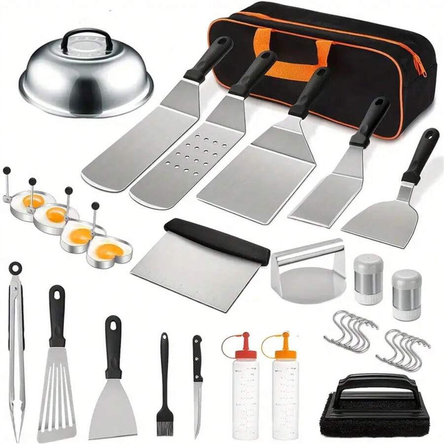 33-Piece Ultimate Griddle Accessories Kit - Premium Flat Top Grill Tools Set With Spatulas, Scraper, Tongs, Bottles, Egg Rings, And More - Perfect For Blackstone & Camp Chef Outdoor BBQ Grill Enthusiasts And Beginners - 黑色 - 查看 1
