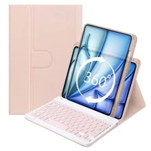 Toetsenbordhoes compatibel met Galaxy Tab en iPad, Redmi Pad SE, 360 graden draaibare hoes met afneembaar draadloos Bluetooth-toetsenbord (150 mAh) en penhouder, portret-/landschapsmodus (roze)