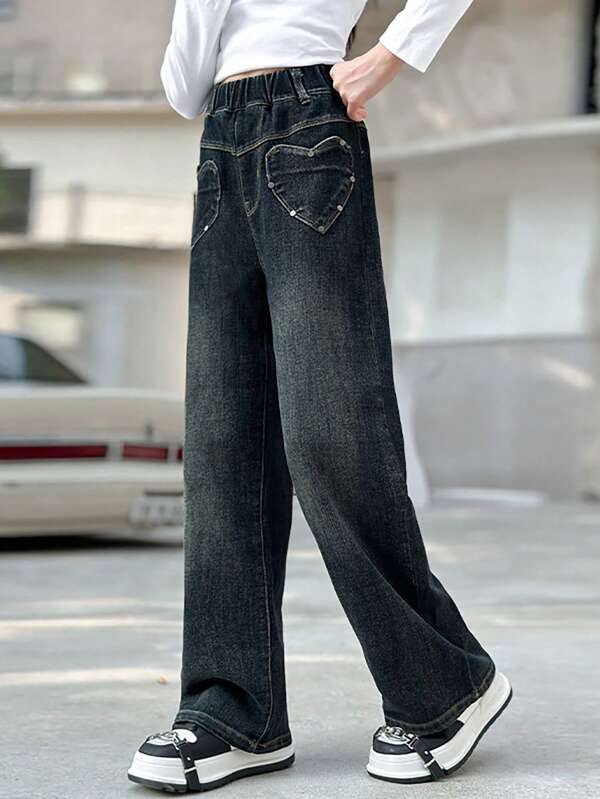 Girls Heart Shape Decor Straight Leg Jeans, Casual Mid-Size Children Pants, Suitable For Spring And Autumn