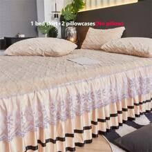 3pcs Terry Lace Bedskirt Set (1 Bedskirt + 2 Pillowcases), Lace Trim Design, Fashionable & Elegant, Moisture Wicking Breathable Wrinkle Free Quiet Bed Mattress Protector, Easy To Remove - Beige - View 5