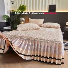 3pcs Terry Lace Bedskirt Set (1 Bedskirt + 2 Pillowcases), Lace Trim Design, Fashionable & Elegant, Moisture Wicking Breathable Wrinkle Free Quiet Bed Mattress Protector, Easy To Remove - Beige - View 4