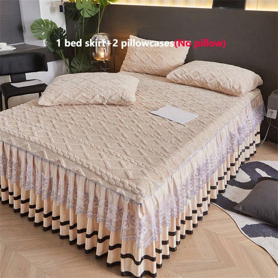 3pcs Terry Lace Bedskirt Set (1 Bedskirt + 2 Pillowcases), Lace Trim Design, Fashionable & Elegant, Moisture Wicking Breathable Wrinkle Free Quiet Bed Mattress Protector, Easy To Remove - Beige - View 1