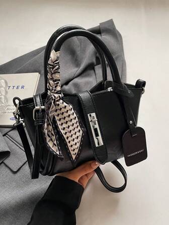 1pc Fashionable Minimalist Flap Lock PU 2-In-1 Shoulder Bag & Handbag With Scarf, Suitable For Daily Use, Bow Purse For Women