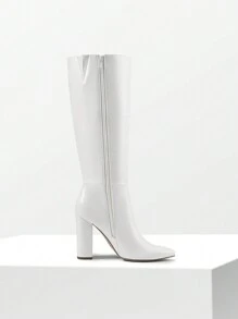 Women's Chunky Heel Pointed Toe Knee High Boots Side Zipper  Tall Boots For Women Fashionable Solid Color Long Boots - 白色-PU - 查看 8