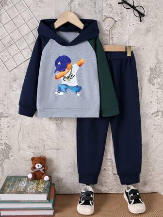 2st/set Young Boys Cool Bear Print Color Block Hoodie Sweatshirt + Simple Solid Jogger Byxor, Autumn Winter