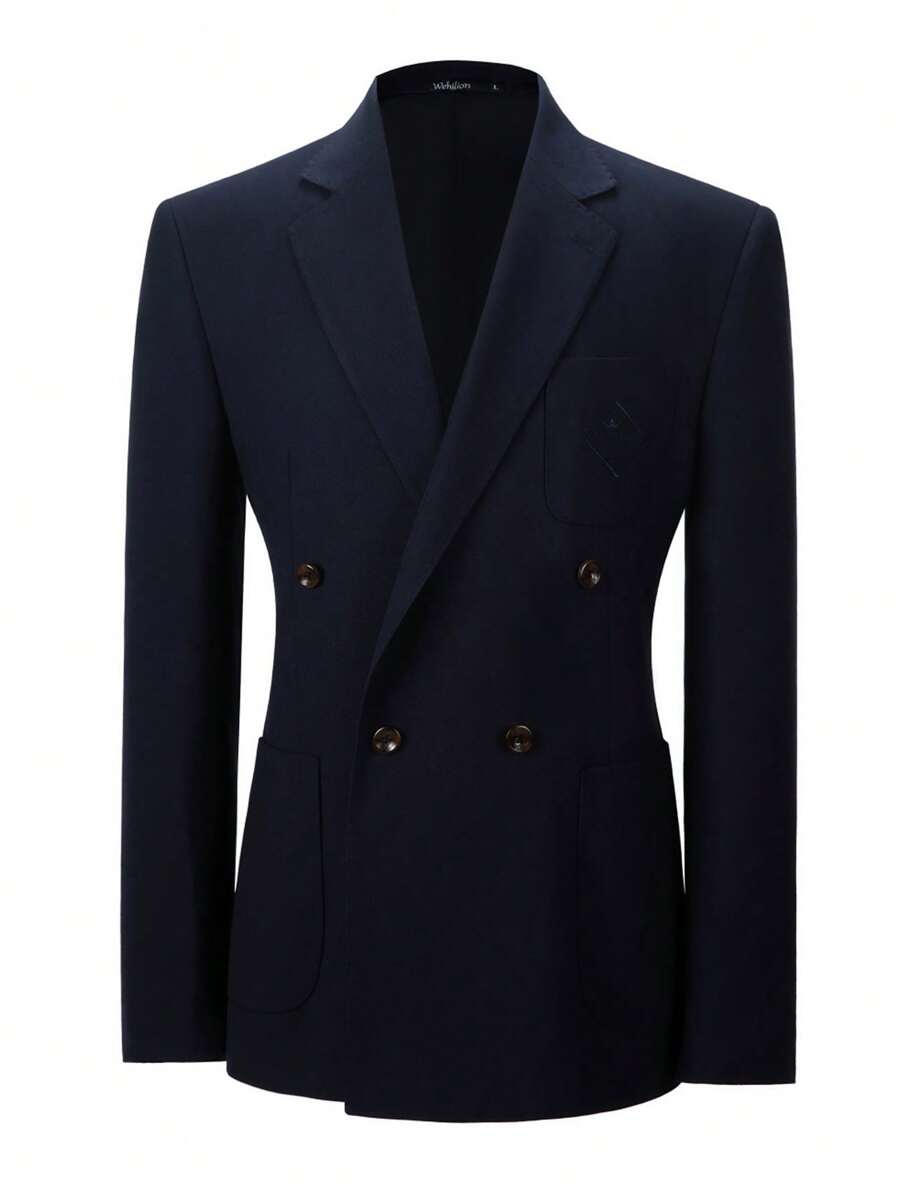 Men's Navy Blue Knitted Double Breasted Suit Jacket - Navy Blue - View 1