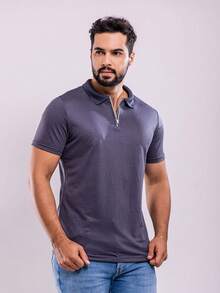Men's Polo Shirt With Zipper, High Quality Cotton - 深灰色 - 查看 3