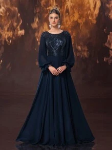 YISIKADO 女款奢華雪紡亮片大禮服正式晚禮服圓領長袖優雅舞會派對長洋裝適用於婚禮賓客畢業晚宴 - 藏蓝色 - 查看 5