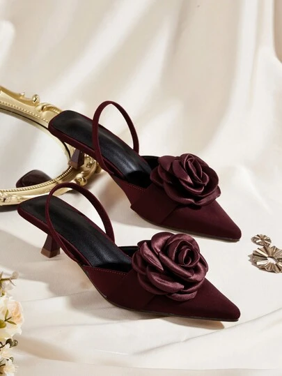 Women's Minimalist Solid Pointed Toe Slip-On Shoes, Versatile Elegant Party Comfortable Fashion High Heels With Flower Decor Satin Finish