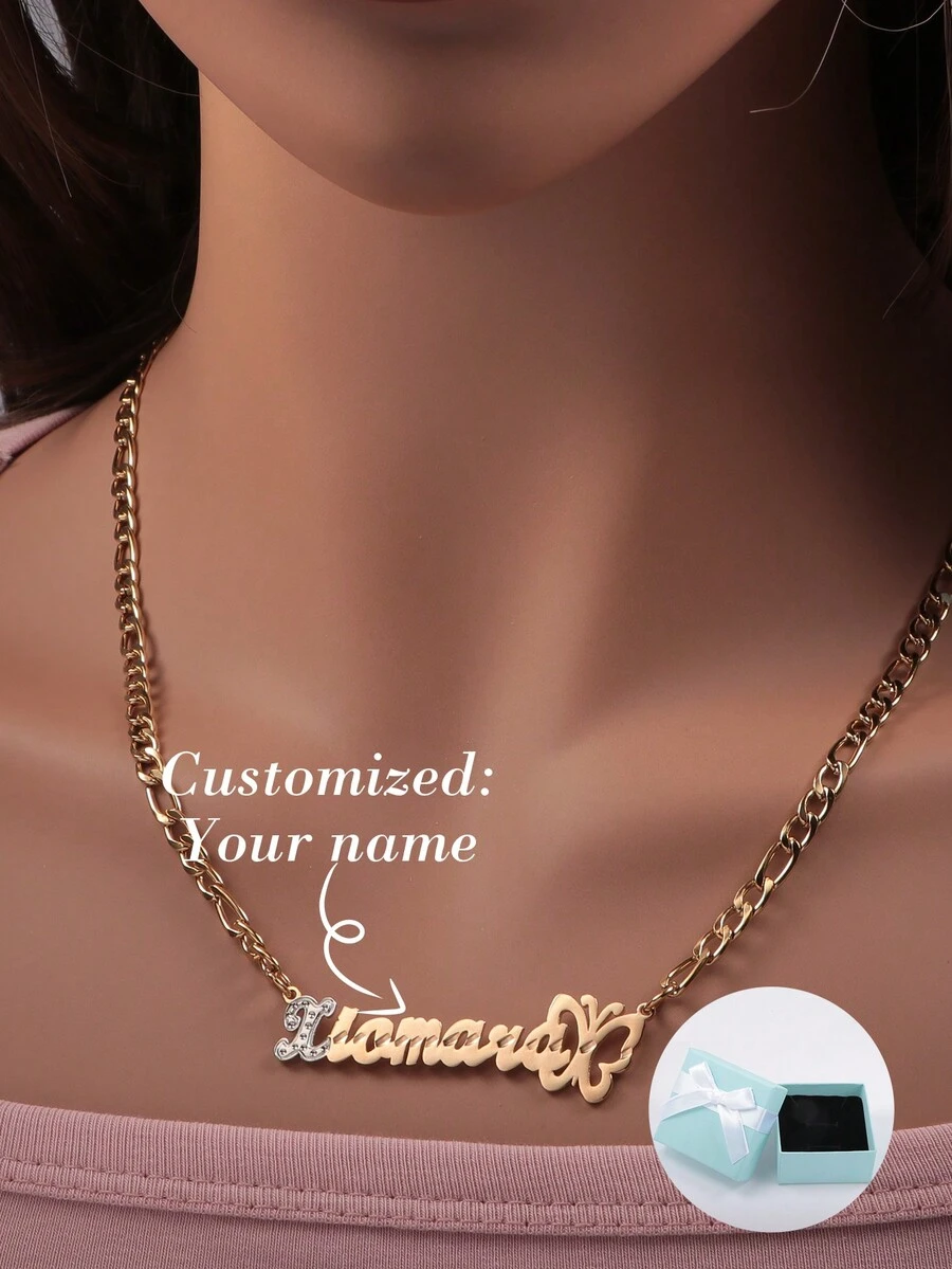 1 件定制英文名字吊坠项链，带双色花朵和蝴蝶元素，适合作为母亲节、父亲节、情人节、生日、周年纪念日、朋友、毕业典礼、万圣节、圣诞节的礼物