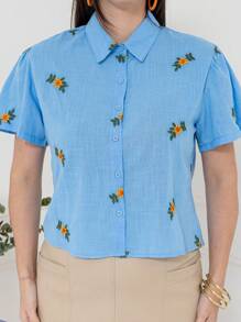 Imported Women's Small Clothes, Button-Down Cardigan, Short-Sleeved Model, Decorated With Many Flowers All Over The Body, And The Neckline Is Everted. The Collar Number Is CMZ201. - 藍色 - 查看 4
