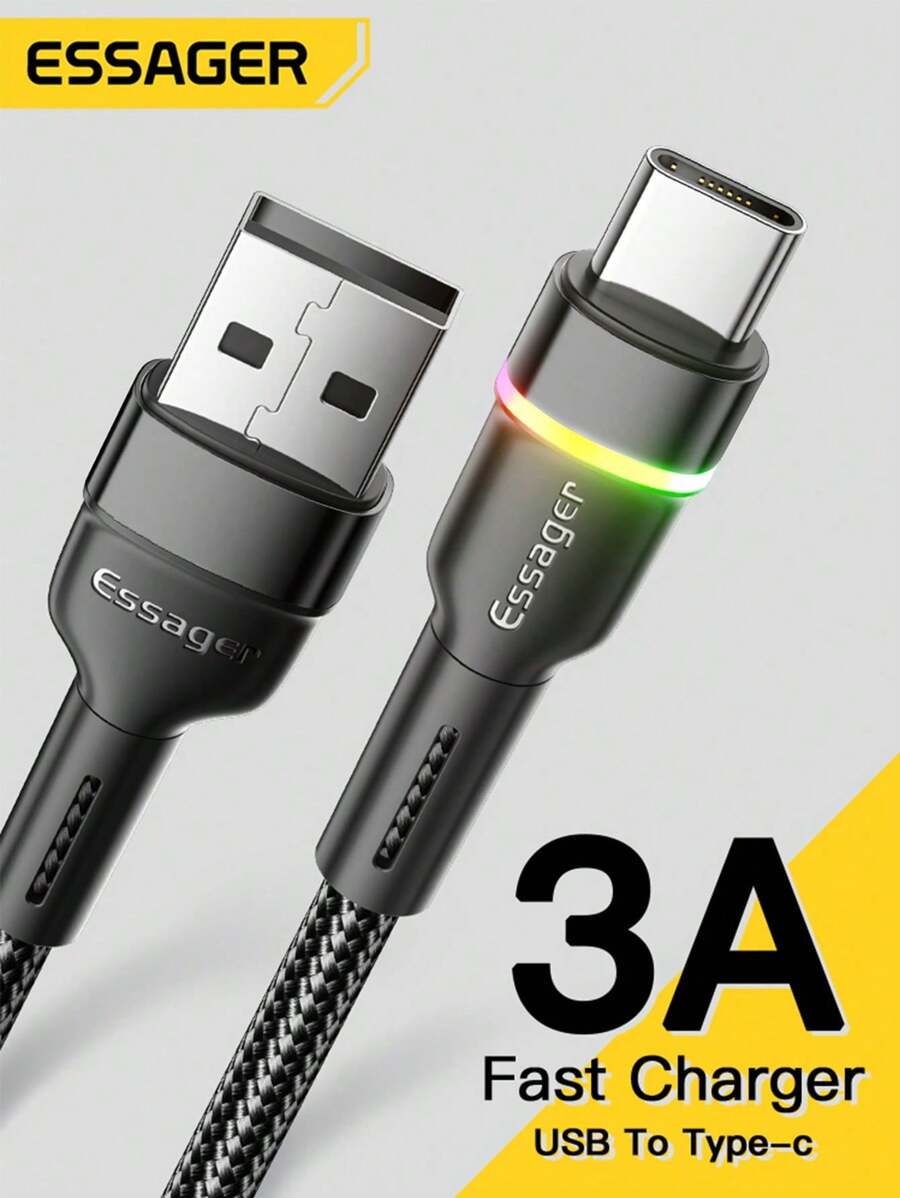 Essager 3A USB Type C 数据线 USB A 至 Type C 快速充电线 适用于手机 - 黑色 - 查看 1
