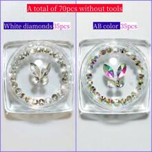 70 piezas Kit de joyería de dientes con piedras de imitación autoadhesivas: gemas de mariposa para dientes, piedras de imitación de fondo plano, diamantes redondos, decoración brillante para dientes, fácil de colocar y quitar, accesorios de cristal, gótica Y2K para Halloween, incluye herramienta y pegamento