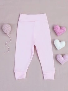 SHEIN Ribbed Knit Pants For Baby Girls And Boys, 2 Pieces, Soft, Hypoallergenic, Comfort Waistband, No Elastic, Perfect Fit, Ribbed Knit, 100% Cotton - 玫瑰紅 - 查看 6