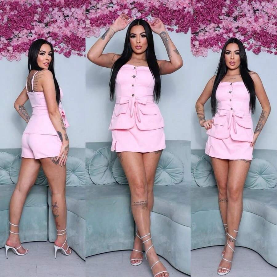 Women's Tailored Set Max Vest Button Strap Tie Belt With Padded Top With Shorts Skirt - Màu Hồng baby - Xem 1