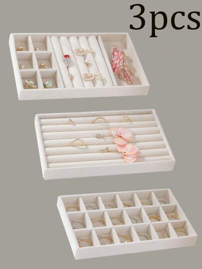 3件套优雅米色珠宝展示收纳托盘，多格珠宝收纳架，可收纳戒指、项链、耳环和口红，完美适用于家居、卧室和梳妆台，是珠宝展商和零售展示的理想之选，多功能可拆卸设计，方便个人收纳，是圣诞节、感恩节、新年和情人节的完美礼物，这款时尚的收纳方案可提升您的珠宝整理和风格，非常适合返校季和日常使用。