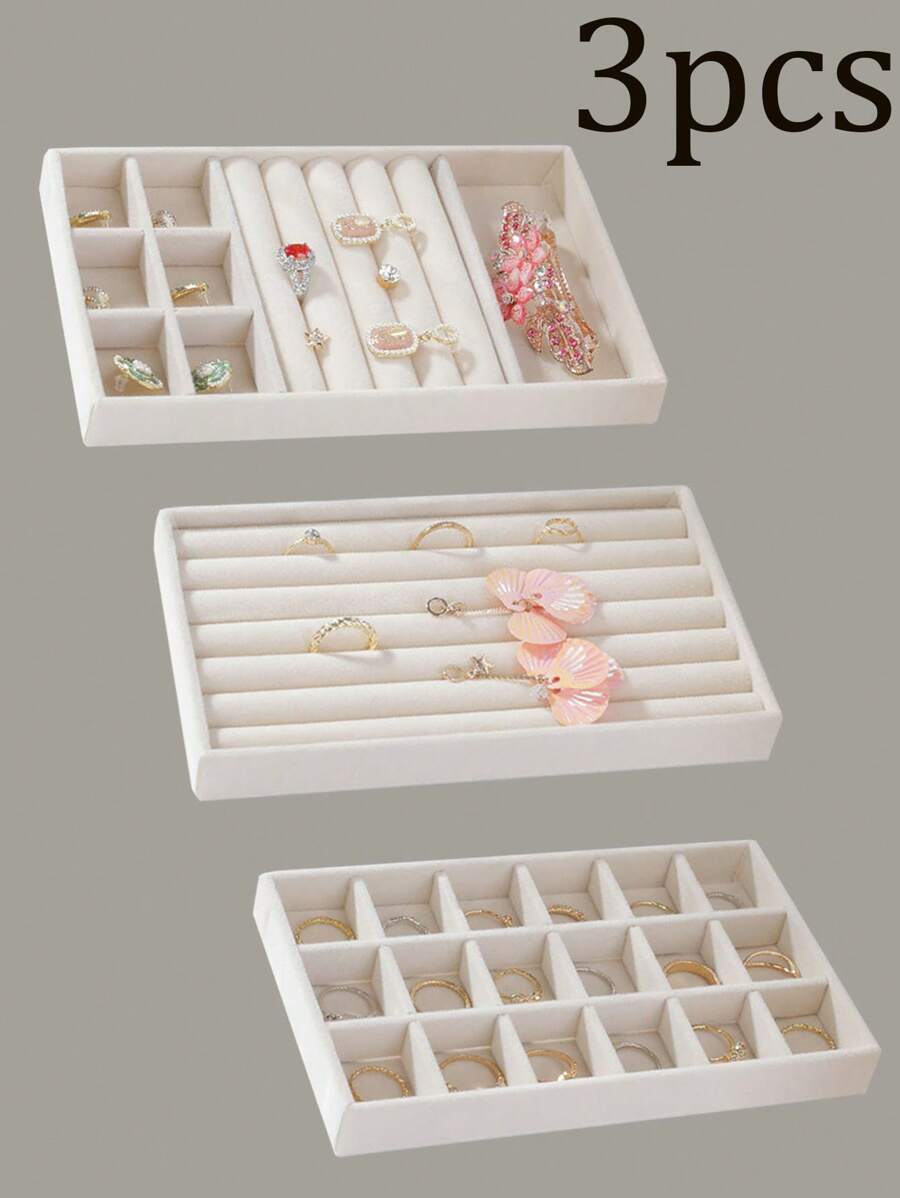 3件套优雅米色珠宝展示收纳托盘，多格珠宝收纳架，可收纳戒指、项链、耳环和口红，完美适用于家居、卧室和梳妆台，是珠宝展商和零售展示的理想之选，多功能可拆卸设计，方便个人收纳，是圣诞节、感恩节、新年和情人节的完美礼物，这款时尚的收纳方案可提升您的珠宝整理和风格，非常适合返校季和日常使用。