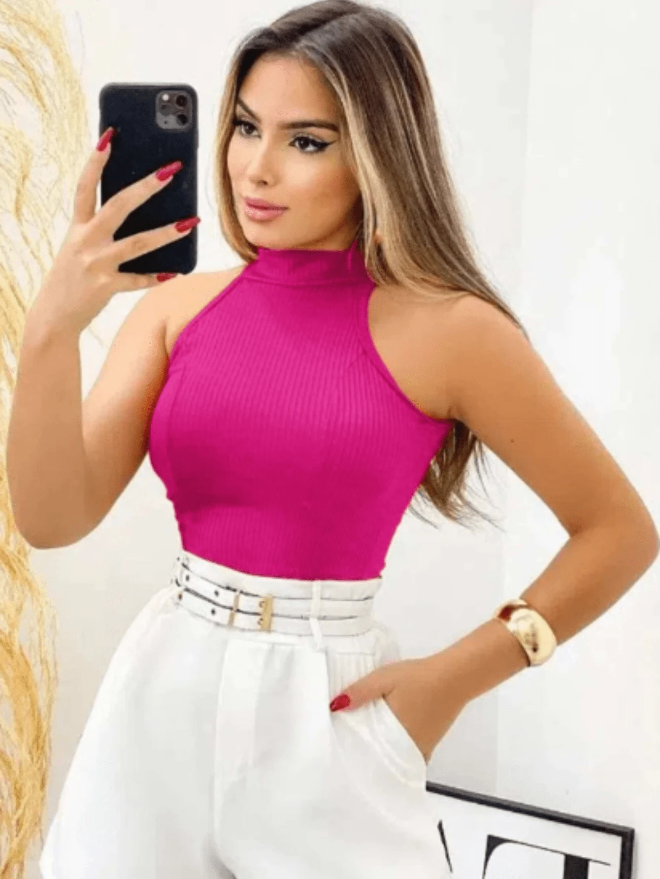 Women's Ribbed Tank Top With High Neck And Simple Scooped Cups For Summer - 玫紅色 - 查看 1