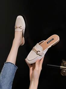 Mengshangli 2025 Autumn Vintage French Backless Loafers Brown Slip On Flat Mules For Women - Beige - View 5