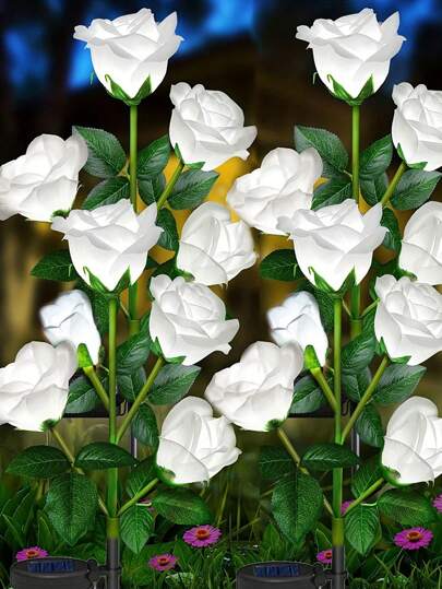 太阳能花园灯户外装饰，太阳能白玫瑰花灯，防水太阳能花园装饰，适用于露台庭院小路装饰，送给母亲、祖母的礼物，圣诞装饰灯户外情人节装饰