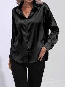 Áo kiểu nữ dáng suông cổ bẻ cài nút, chất liệu giả lụa satin, màu đen trơn, tay dài, thanh lịch, thích hợp cho mùa xuân. - màu đen - Xem 3