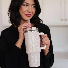 1pc 40oz/1200ml Stainless Steel Rhinestone Tumbler With Handle And Straw Lid - Reusable, Sparkly Gift For Women - Modern Rhinestone Decor Cup With Flat Bottom - Hand Wash Only - Multicolor - View 3