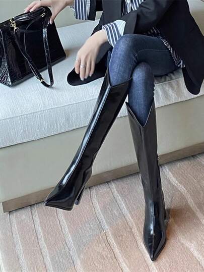 Fall/Winter Women's Pointed Toe Knee High Boots High Heel V-Cut Side Zipper Chelsea Slim Tall Boots, Fashionable Black Boots