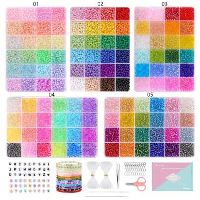7200 Stücke 4mm Samen Perlen für Schmuckherstellung, 5 Typen 120 Farben kleine Glasperlen für Armbänder, Freundschaftsarmband Set mit Buchstaben Buchstaben Perlen