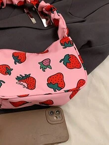 1 件女孩单肩包，可爱休闲时尚风格，水果草莓图案，容量大，轻巧易携带。女孩单肩包，采用撞色帆布面料拉链开合和褶皱肩带，适合女孩日常购物和旅行使用 - A - 查看 8