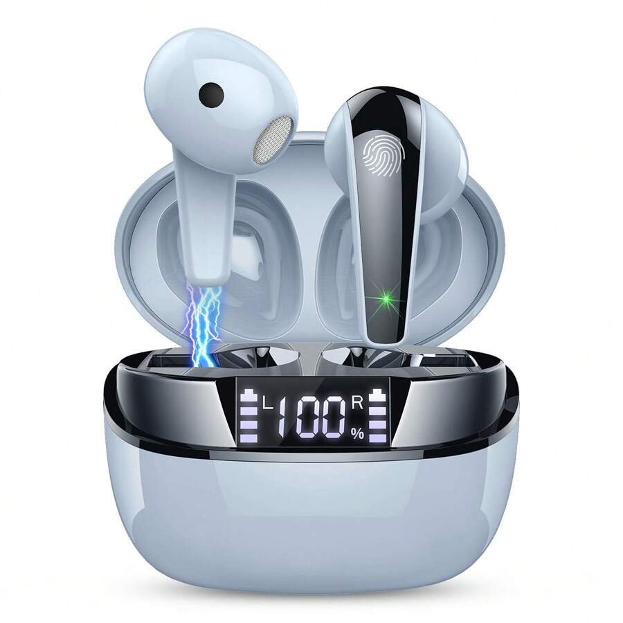 无线蓝牙耳机，蓝牙 5.3 耳机，带麦克风的迷你无线耳机，50H 低音无线耳机，降噪 IP7 防水蓝牙耳机，适用于 Apple iPhone、iPad、笔记本电脑的 LED，适合家人、朋友、儿童、万圣节、秋季的礼物