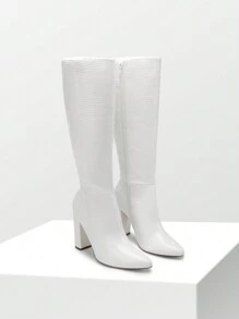 Women's Chunky Heel Pointed Toe Knee High Boots Side Zipper  Tall Boots For Women Fashionable Solid Color Long Boots - 白色 - 查看 6