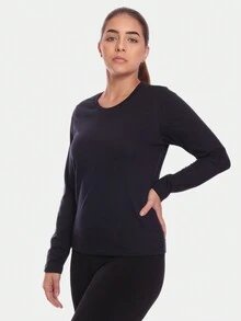 Kit 2 Women's Long Sleeve T-Shirts, Second Skin, 100% Premium Cotton, Plain, Black - 黑色 - 查看 4