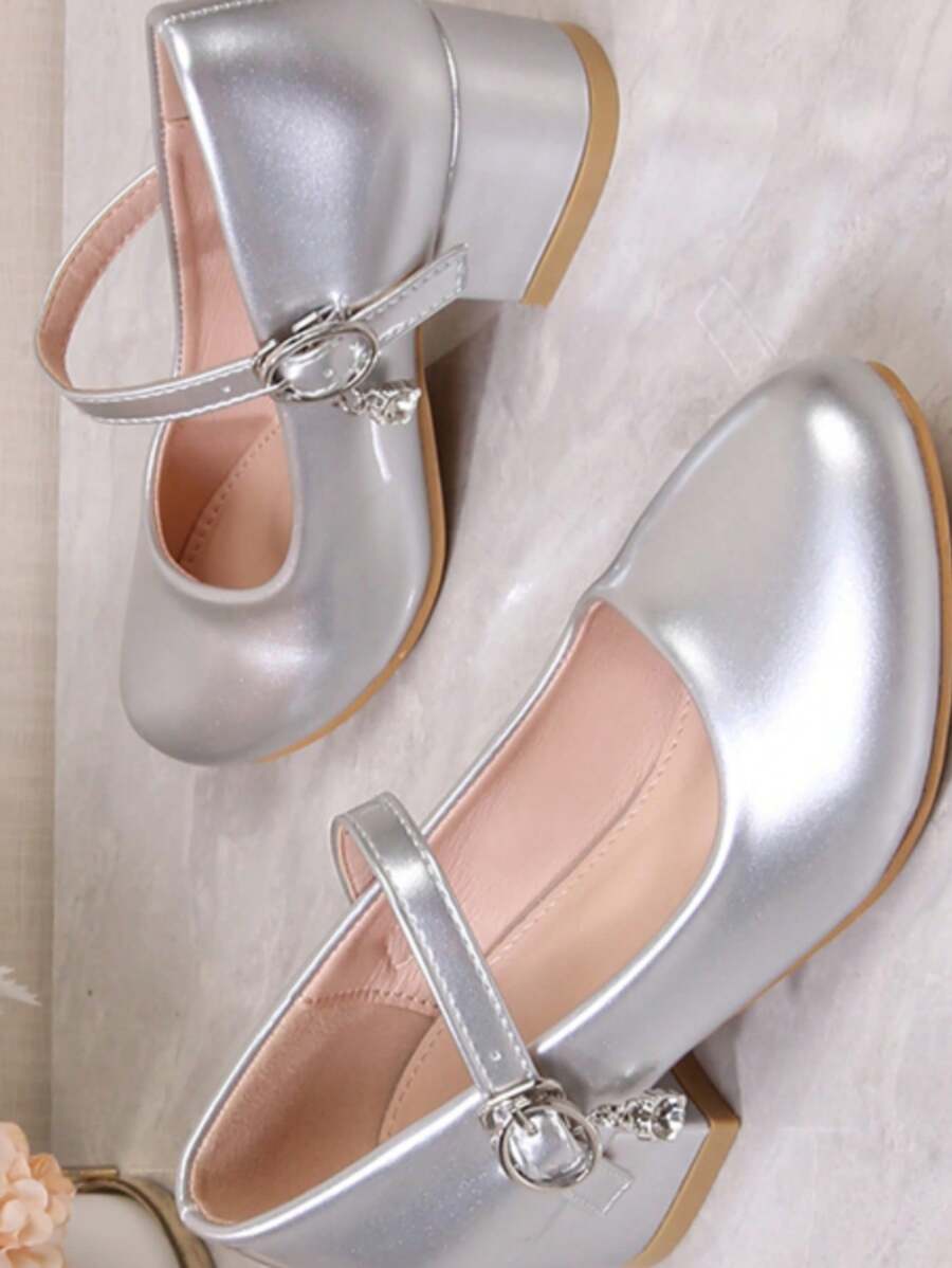 2024 年春秋新款粗跟圆头玛丽珍鞋女款 - 銀色 - 查看 1