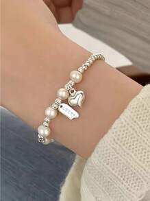 Simple Love Faux Pearl Round Bead Letter Sterling Silver Bracelet Ins Style Female Niche Design Jewelry Valentines