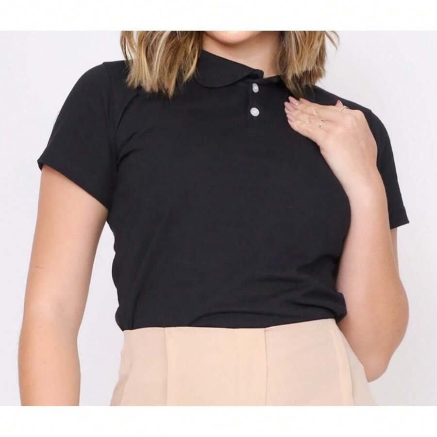 Comfortable Women's Polo Collar Baby Look - 黑色 - 查看 1