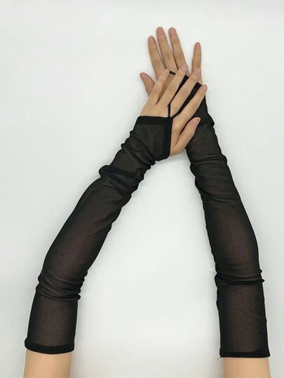 1 par de guantes sin dedos de malla de unicolor de 49 cm para mujer, para fiesta, Halloween, verano