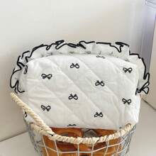 Lace Bow Decor Makeup Bag, Soft Fabric Printed Handbag Zipper Pouch, Sweet Style Toiletry Cosmetic Bag, Suitable For Home & Travel - Black - View 5