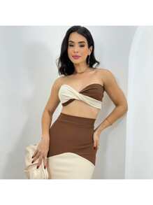 Women's Cropped Knit And Skirt Set - Lạc đà - Xem 3