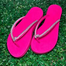 Women's Shiny Flip Flops With Rhinestone Strap, Comfortable Flat Shoes New Release - 粉色 - 查看 2