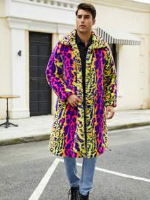 Abrigo largo con capucha suave y estampado de leopardo colorido para hombre - Mostaza Amarilla - Ver 6